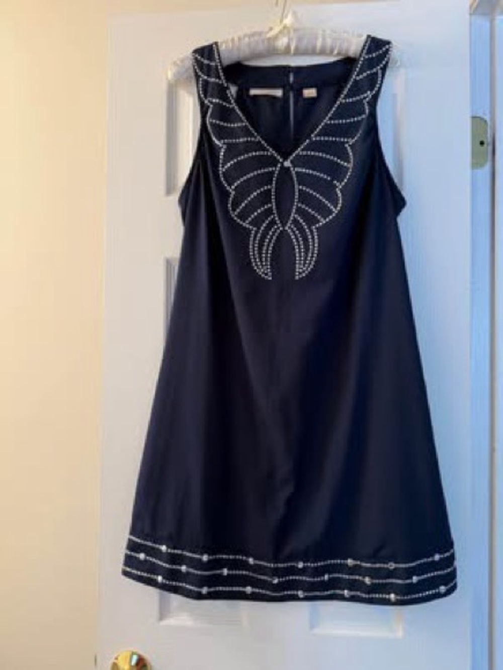 Navy Sleeveless Embellished A-Line Dress